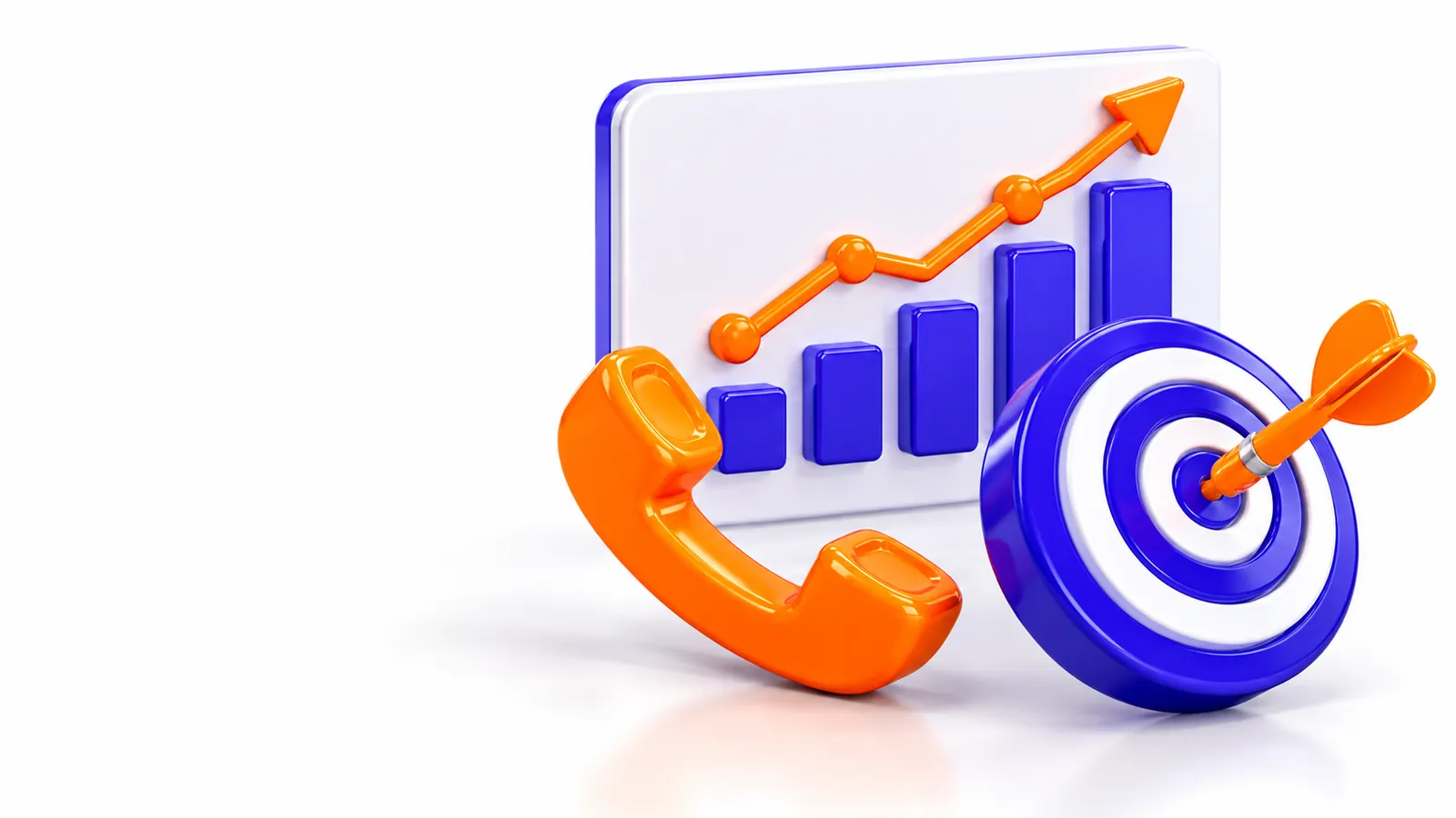 3D dashboard with a rising orange line graph, phone icon and target with a dart in the bullseye