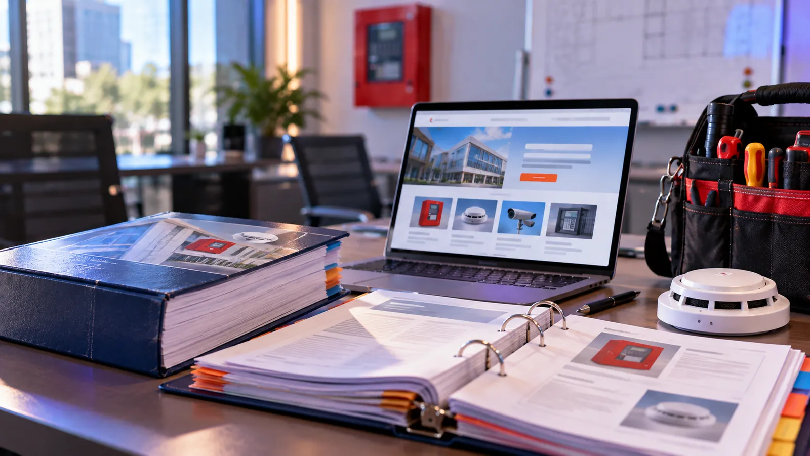 Code book and tabbed binder beside a laptop, technician tool bag and smoke detector on a table