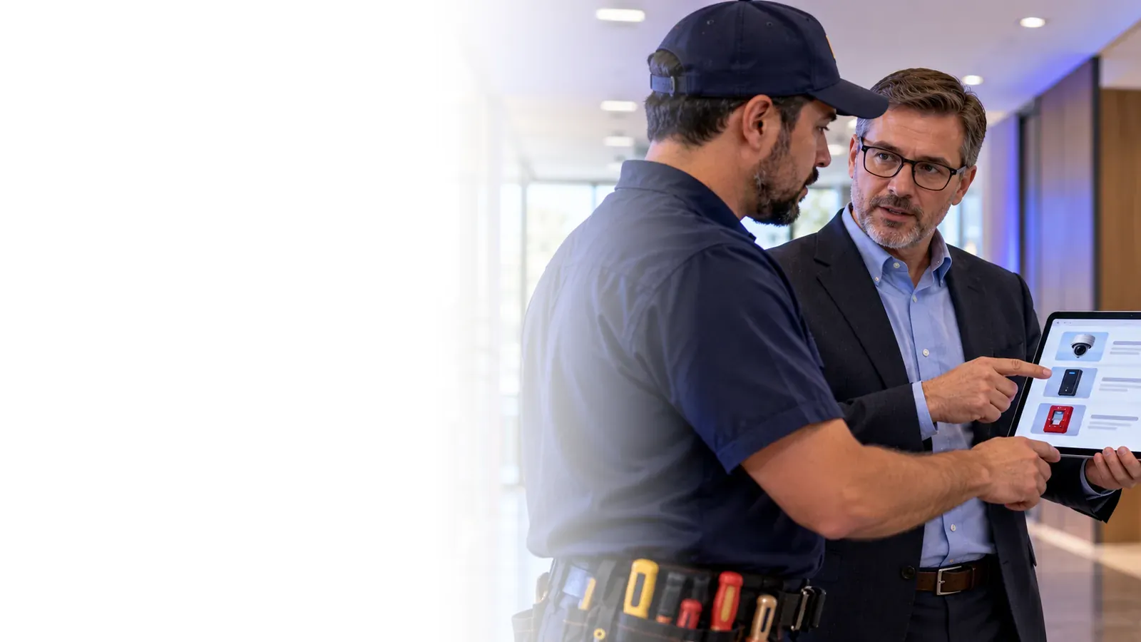 Fire alarm technician and building manager reviewing building systems on a tablet in a hallway