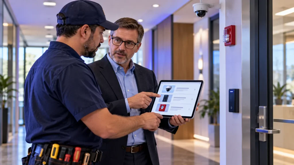Fire alarm technician and building manager reviewing building systems on a tablet in a hallway