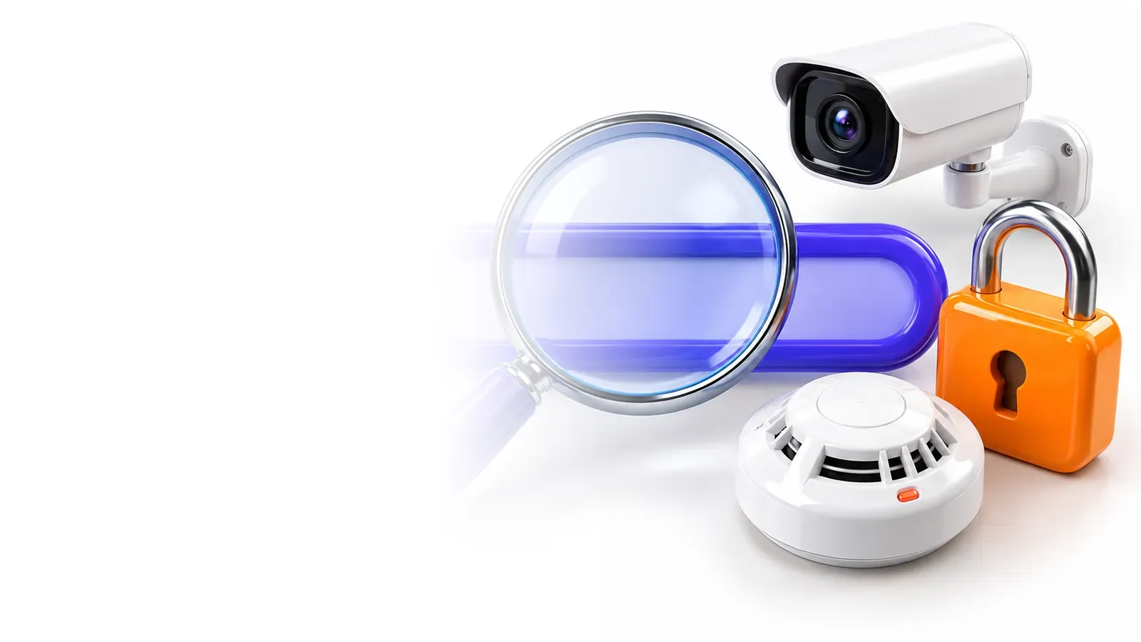 3D magnifying glass over a search bar with a security camera, padlock and smoke detector