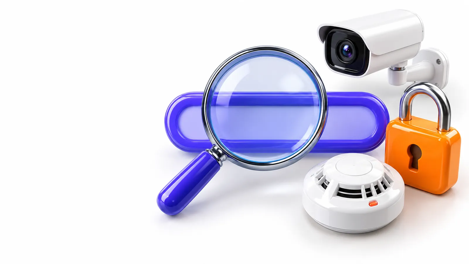 3D magnifying glass over a search bar with a security camera, padlock and smoke detector
