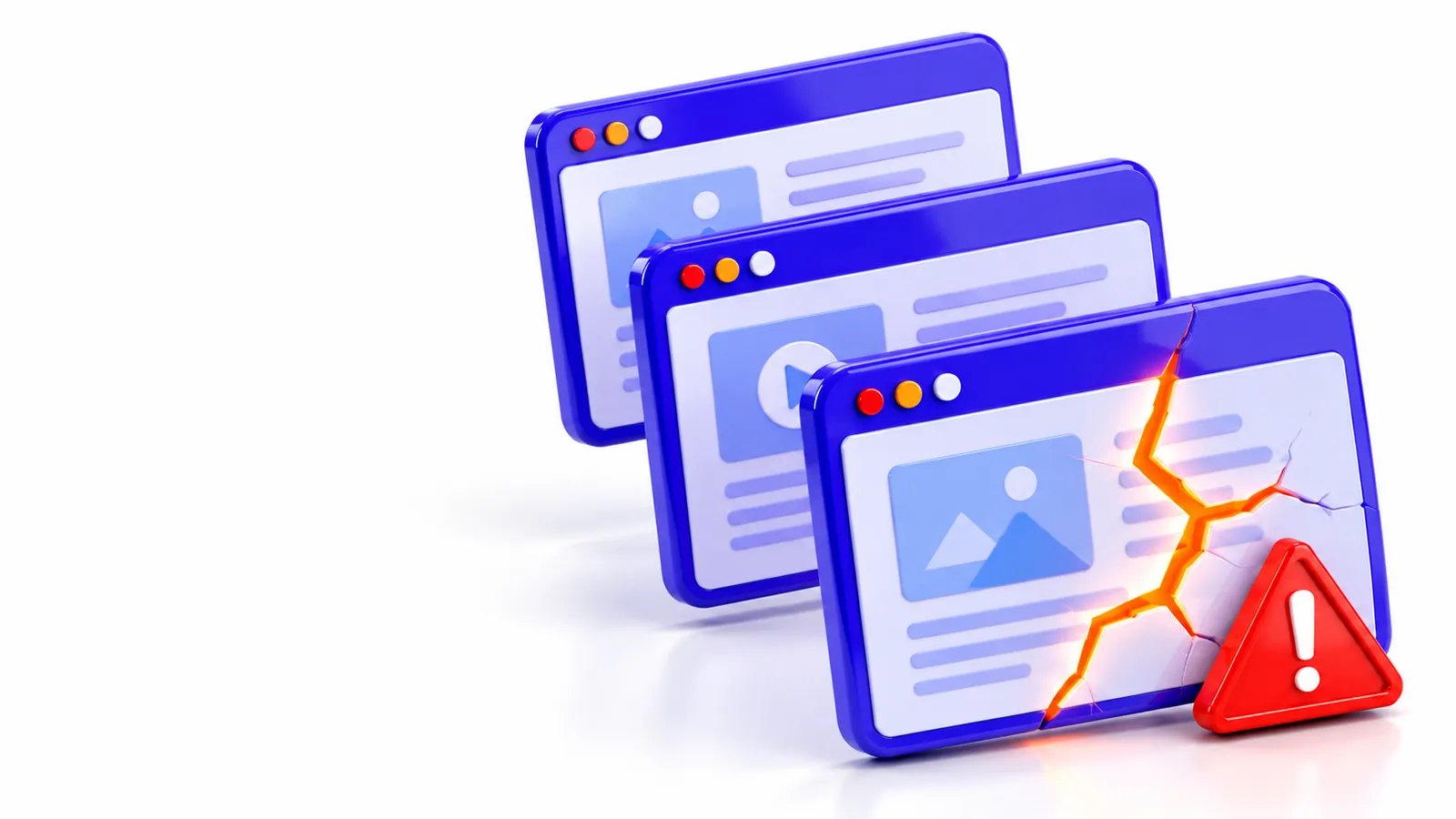 Three 3D browser windows, the front one cracked with an orange warning sign
