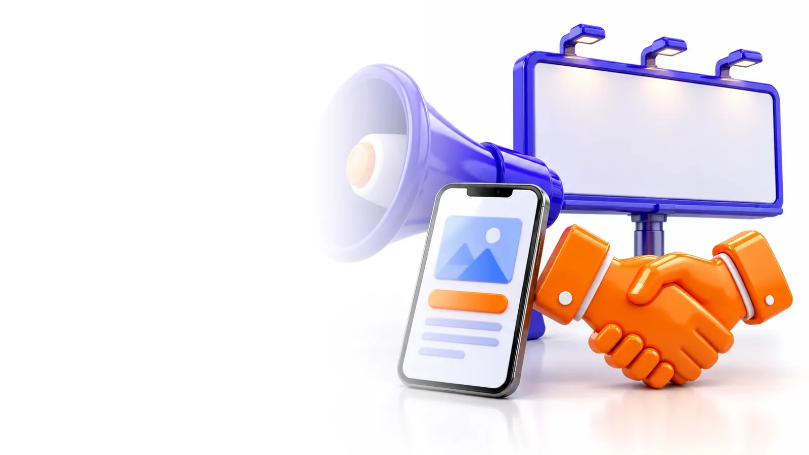 3D megaphone, billboard, phone with an ad card and a handshake icon