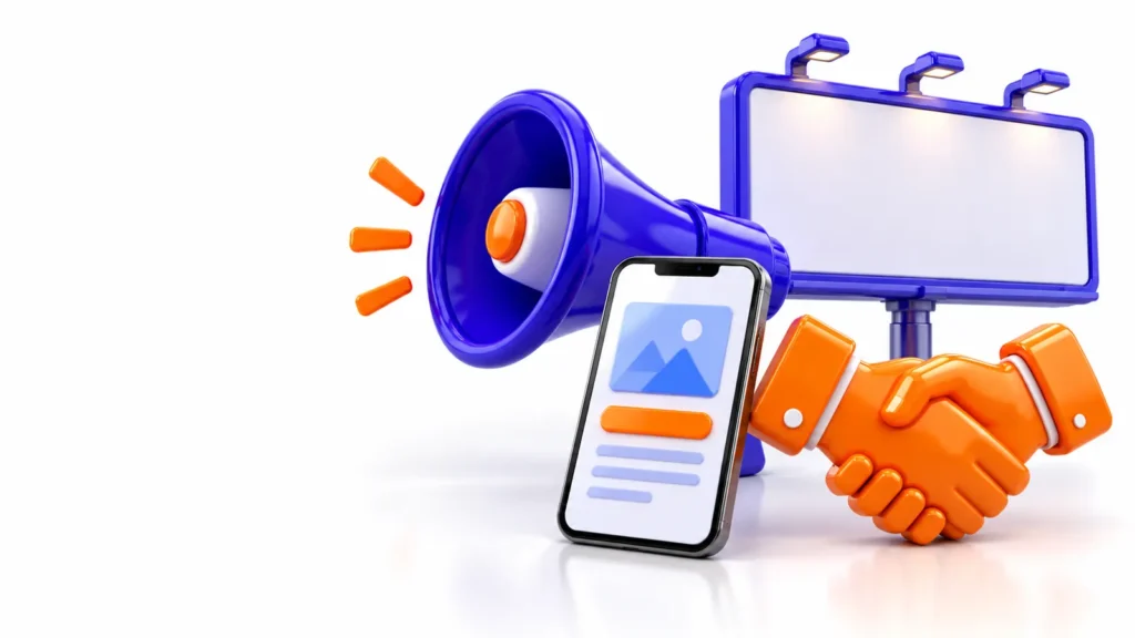 3D megaphone, billboard, phone with an ad card and a handshake icon