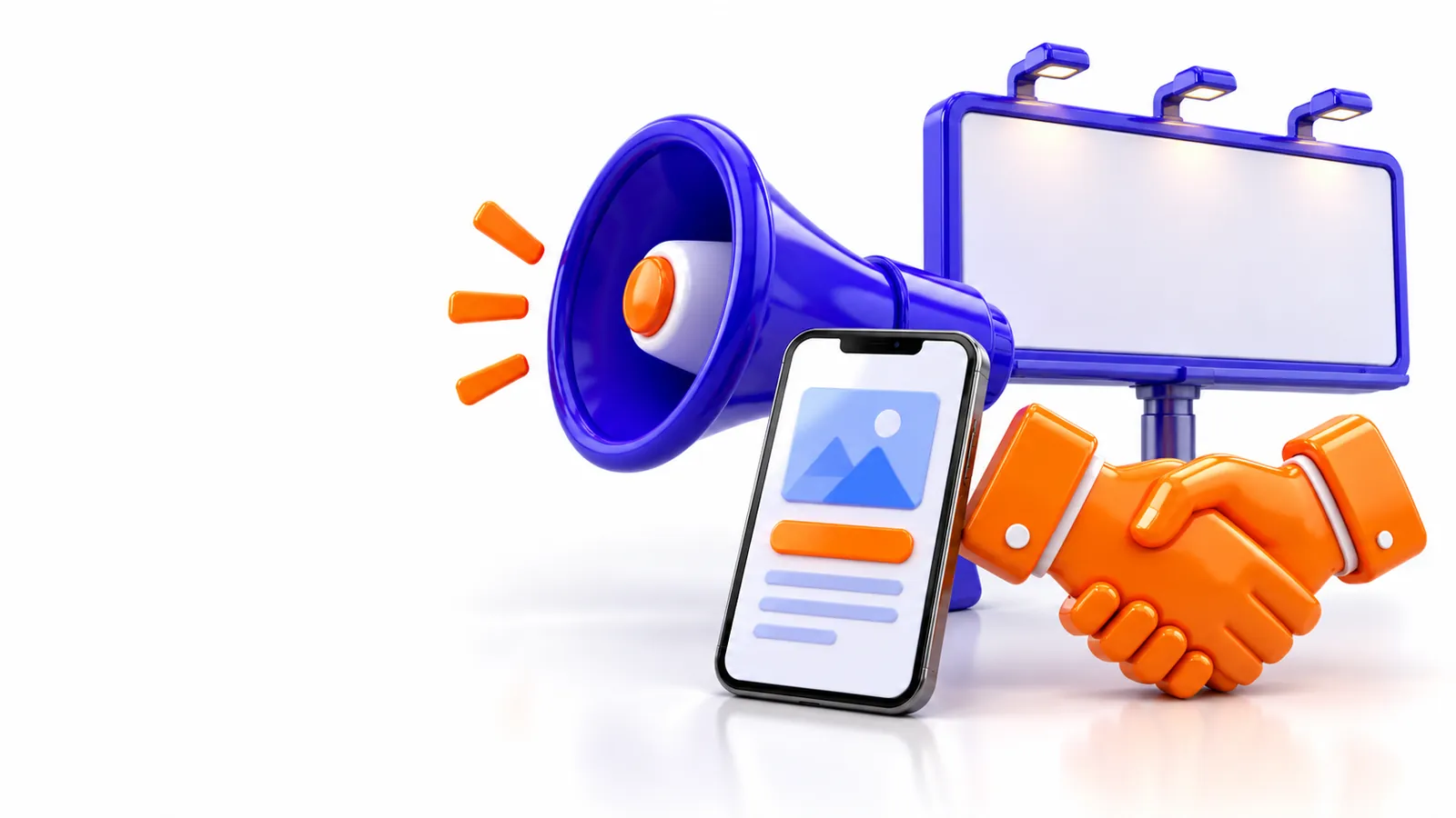 3D megaphone, billboard, phone with an ad card and a handshake icon